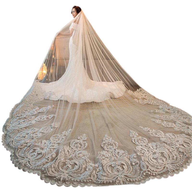 Bridal Veils Nuevo Blanco/Marfil Hermosa Catedral Longitud Encaje Borde Velo De Novia Con Peine Largo Mariage Talla Grande