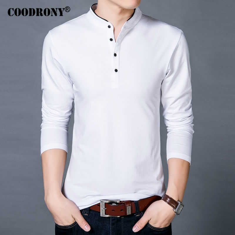 COODRONY T-Shirt Men Spring Autumn Cotton T Shirt Solid Color Chinese Style Mandarin Collar Long Sleeve Top Tee 608 210629