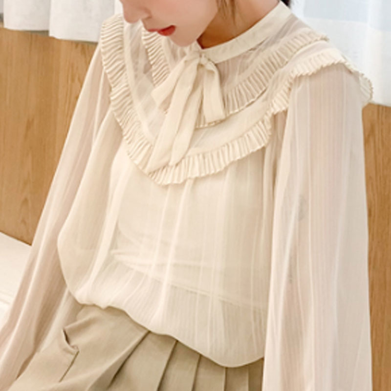 Fashion Ladies Tops Long Sleeve Casual Elegant Bow Chiffon Solid Beige Women Blouses and 5323 50 210427