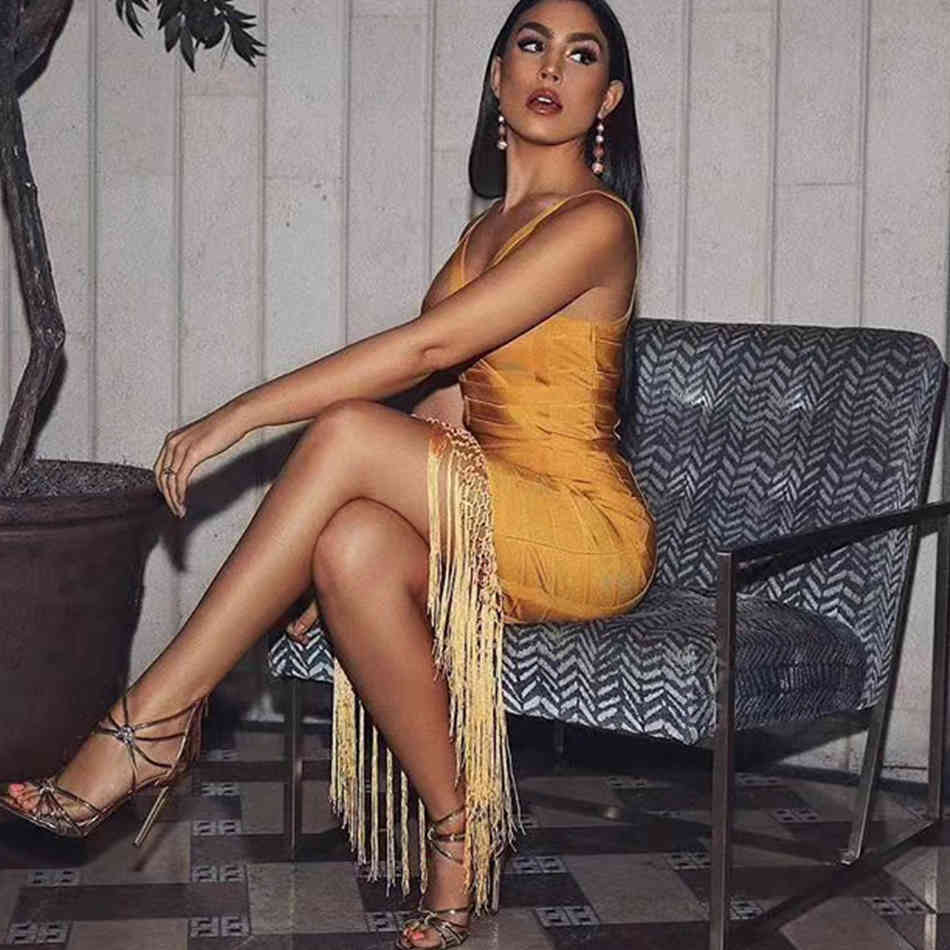 Summer Women Tassel Bandage Dress Vestidos Sexy Sleeveless Bodycon Club Midi Fringe Celebrity Evening Party 210423