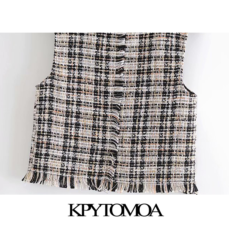 Women Fashion With Frayed Trim Tweed Check Waistcoat Square Collar Sleeveless Female Vest Coat Chic Tops 210420