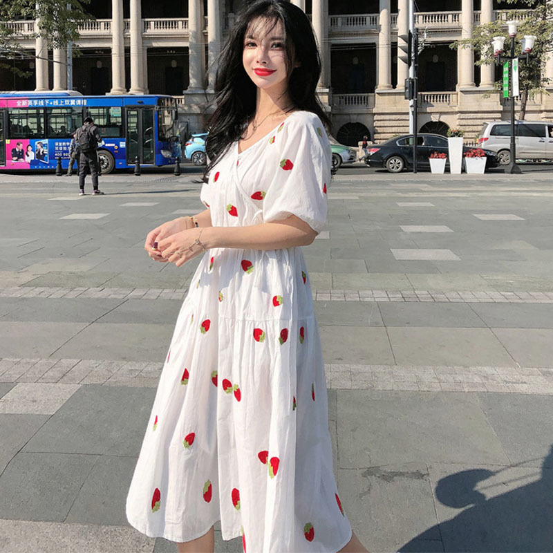 Korean Lantern Short-Sleeve Summer Dress Cotton Vintage Plus Size Print for Women V Neck Midi Vestidos 9372 210427