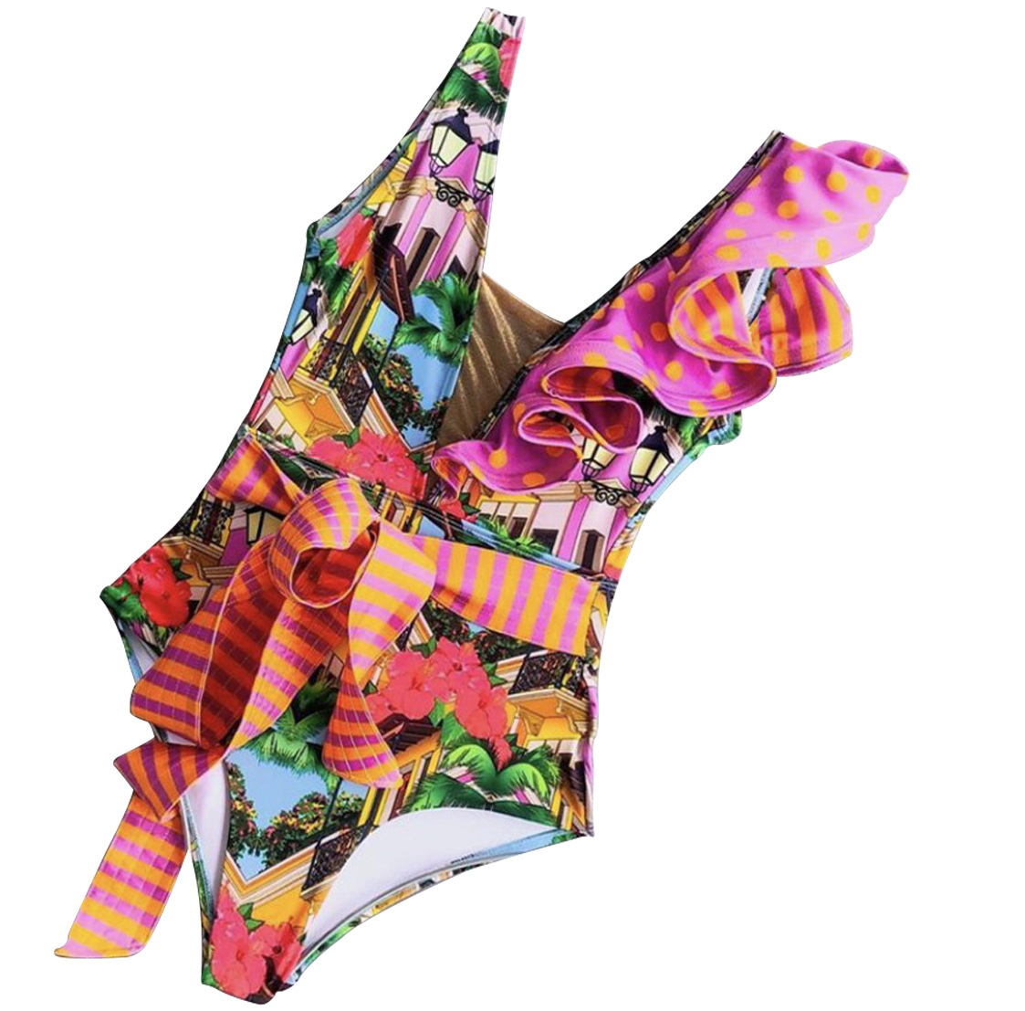 Vintage Butterfly Sleeve One-Piece Swim Suits Boho Ruffle Print Swimwear Bathing Sexy Swimming For Women Swimsuit B403 210420