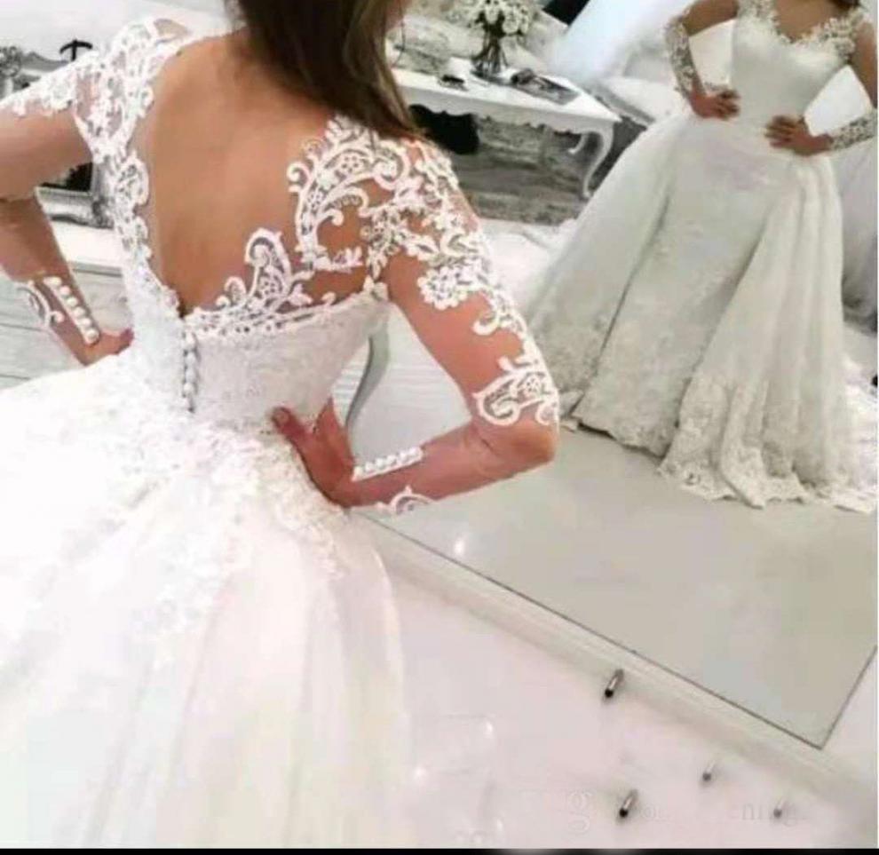 Rustic Country Lace A Line Wedding Dress With Detachable Train Appliques Long Sleeve Chapel Wedding Gowns Plus Size Bridal Dresses Sexy Open Back 2022