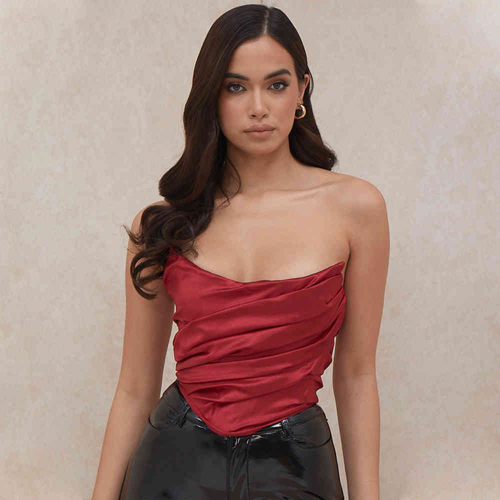 Summer Women Fashion Red Strapless Mini Tops Sexy Sleeveless Draped Celebrity Evening Party Out Wear Crop 210423