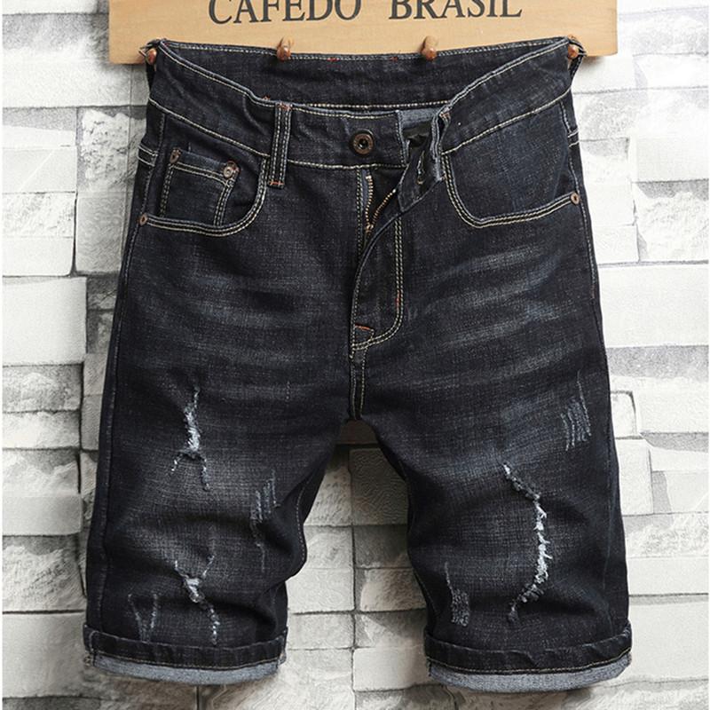 Ripped Holes Denim Cotton Men Shorts Pants Summer Hip Hop Slim Black Knee-Length Jeans Soft Blue Male Casual Trousers Men's