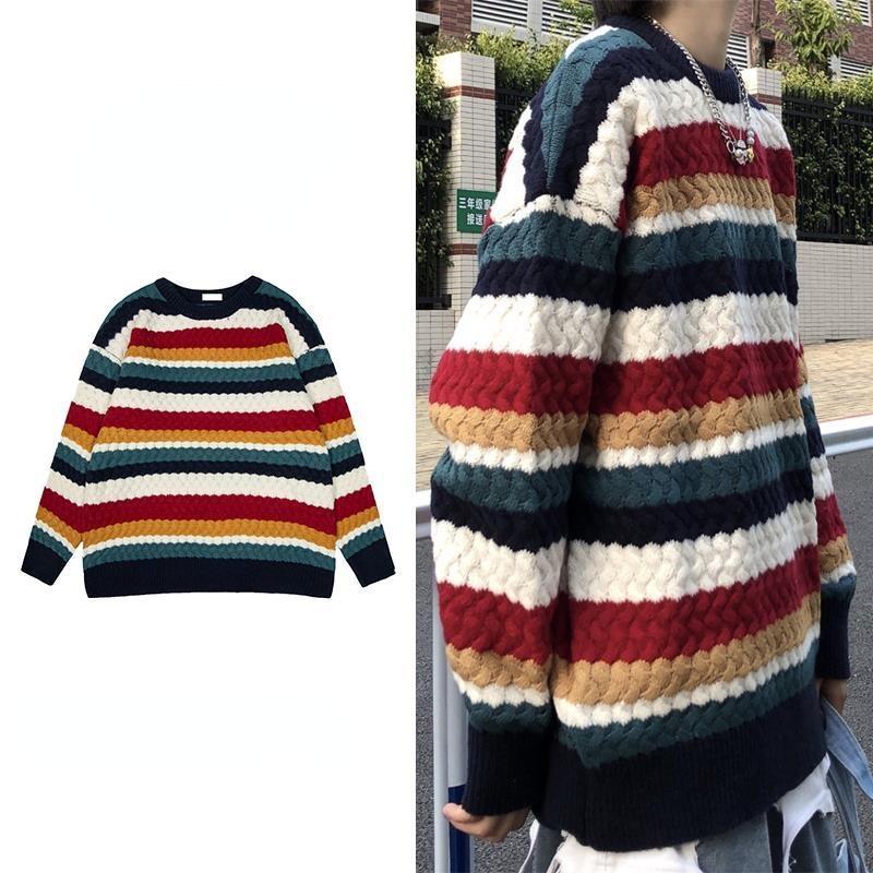 Men's Sweaters Korean Fashion Rainbow Sweater Men Hand-woven O-Neck Street Patchwork Twisted Rope Harajuku Vintage Pullover Striped, White;black 
Men's Sweaters Korean Fashion Rainbow Sweater Men Hand-woven O-Neck Street Patchwork Twisted Rope Harajuku Vintage Pullover Striped, White;black