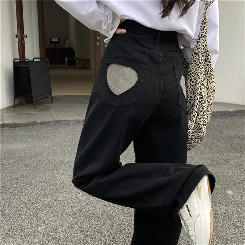 High Waist All Match Hearts Streetwear Women Light Washed Casual Straight Plus Size Denim Pants Loose Wild Trousers 210421
