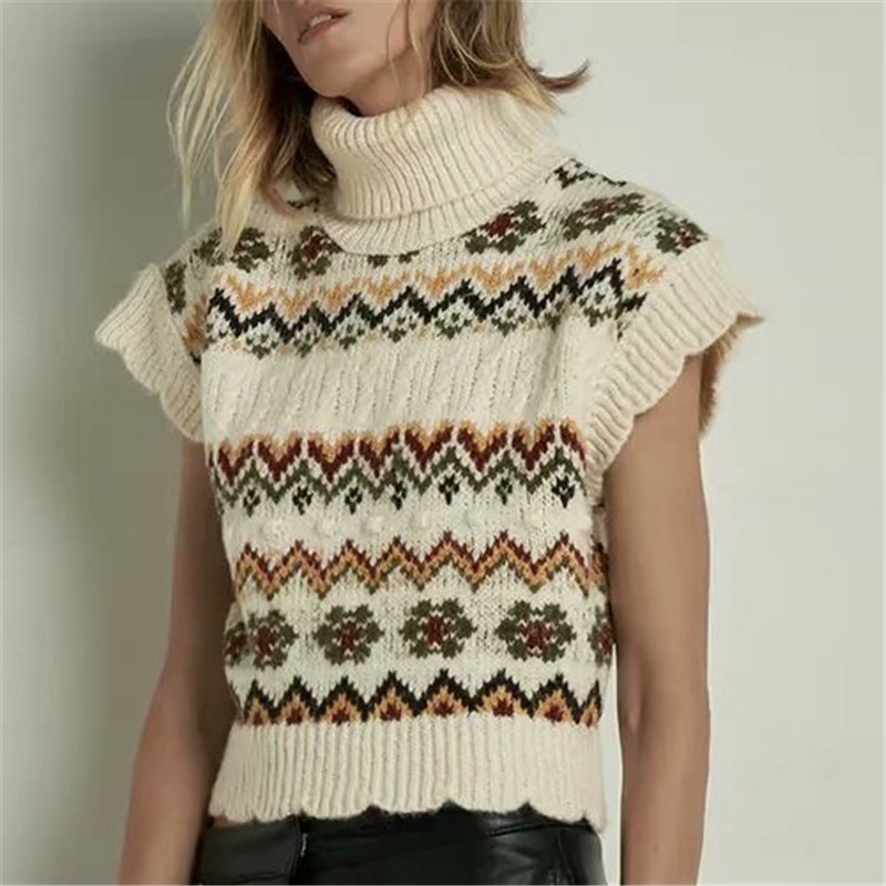 Causal Women Turtleneck Sweater Fashion Ladies Ruffles Knitted Tops Streetwear Female Chic Geometry Jacquard Pullover 210430