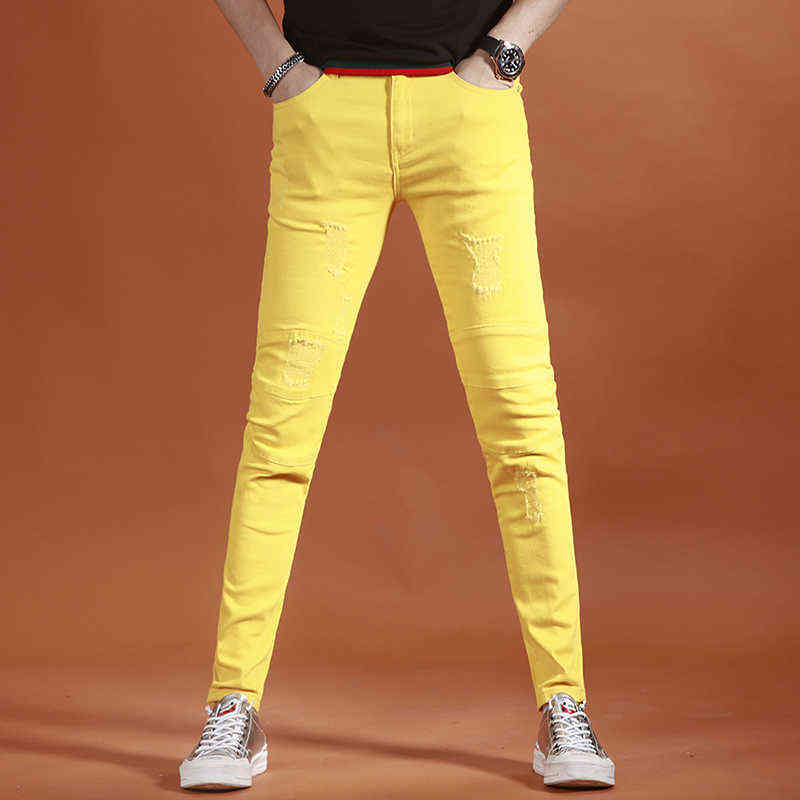 Yellow Jeans Men Fashion Slim Fit Straight Pants Summer Streetwear Thin Ripped Patch Denim Trousers 211111