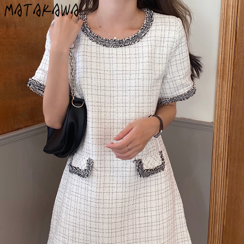 MATAKAWA Gold Silk Thread Woven Women Dress Plaid Loose Edging Robe Femme Short Sleeve Vestidos Elegant Round Neck Dresses 210513