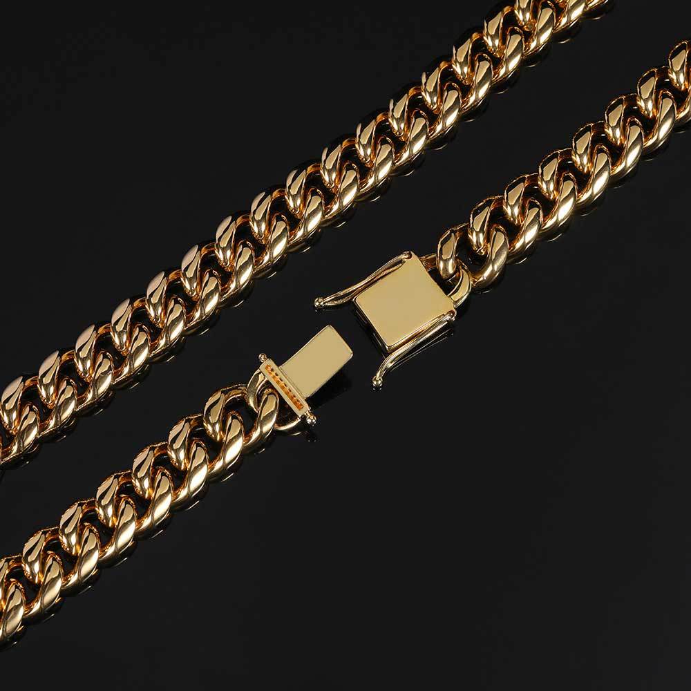 12mm Diamond Buckle Stainless Steel Cuban Chain Men's Necklace Polished Encrypted Round Grinding Hip Hop Titanium Necklace