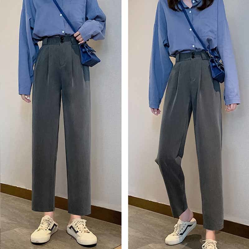 Spring Autumn Thin Solid Black Trouser Korean OL Women Suit Pants Button Plus Size Professional Straight Loose 12110 210508
