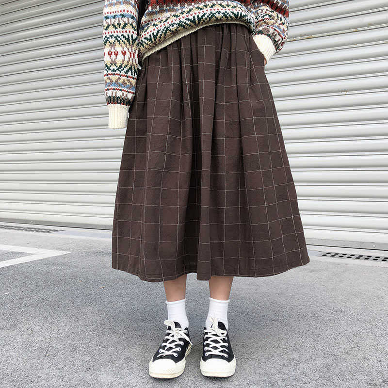 2 colors japanese style high elastic waist Long Skirts Woman autumn winter plaid A-line pleated womens (X1078) 210619