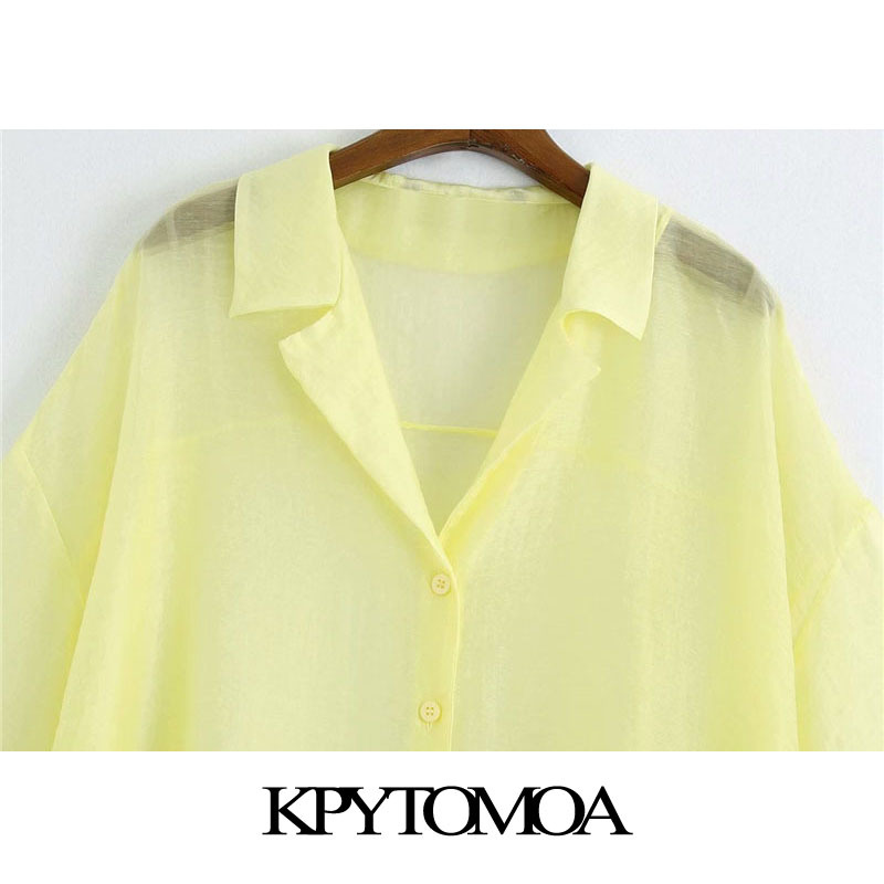 Women Sexy Fashion See Through Organza Loose Blouses Side Vents Button-up Female Shirts Chic Tops 210420