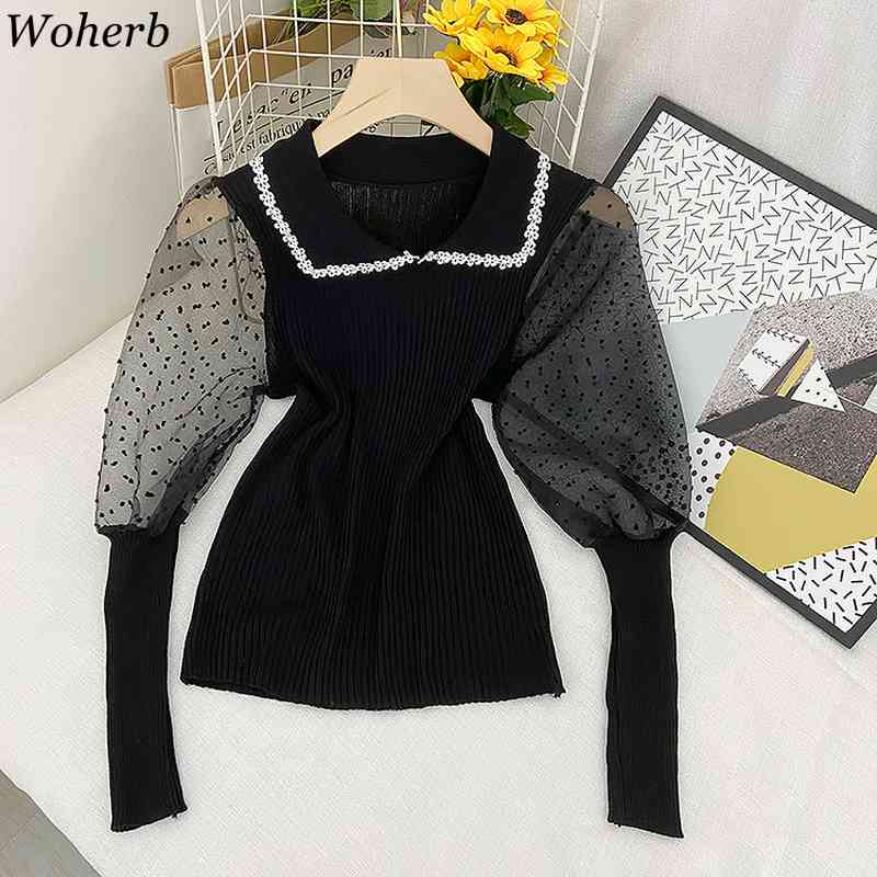 Long Puff Sleeve Ins Tops Women Knitted Stretch Solid Blouse Polka Dot Mesh Casual Shirts Blusas Femininas Elegante 210519