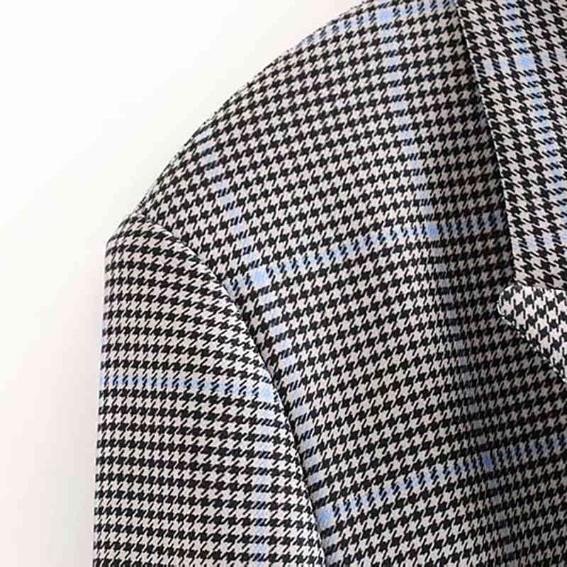 Vintage Lady Plaid Blazers Suit Pockets Long Sleeve Office Coat Women Double Breasted Houndstooth Jacket Outwear Veste Femme 210515