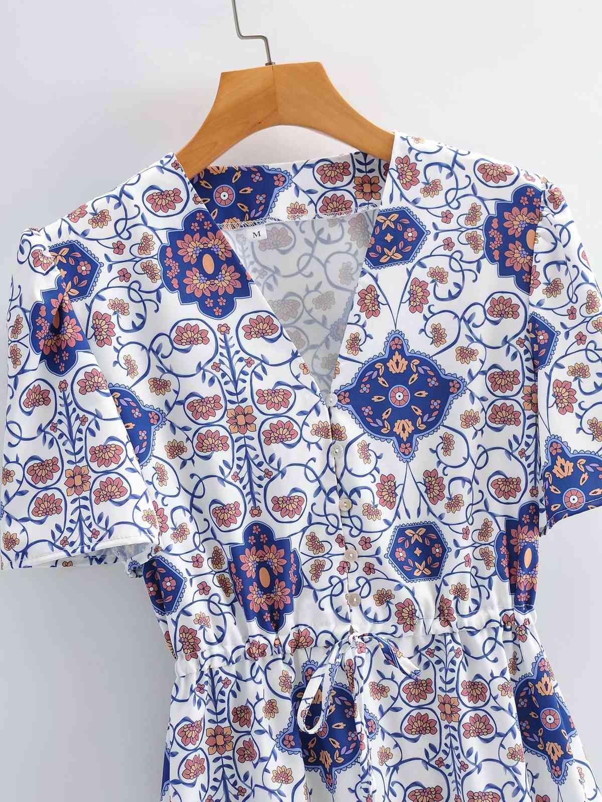 Women Vintage V-neck Short-sleeved Print Dress Fashion Elegant Waist Temperament Chic Female Midi Dress Vestidos 210507