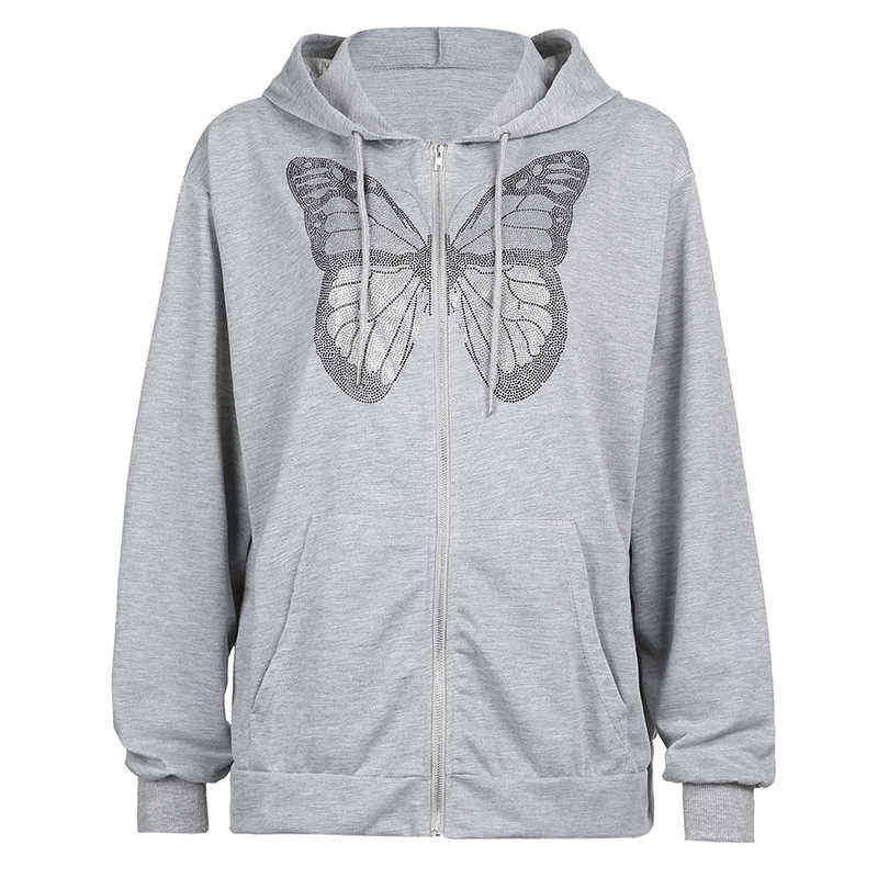 Kawaii Butterfly Graphic Printed Black Harajuku Oversized Hoodies For Women Zip Up Long Sleeve Sweatshirt Streetwear Top Autumn 211109