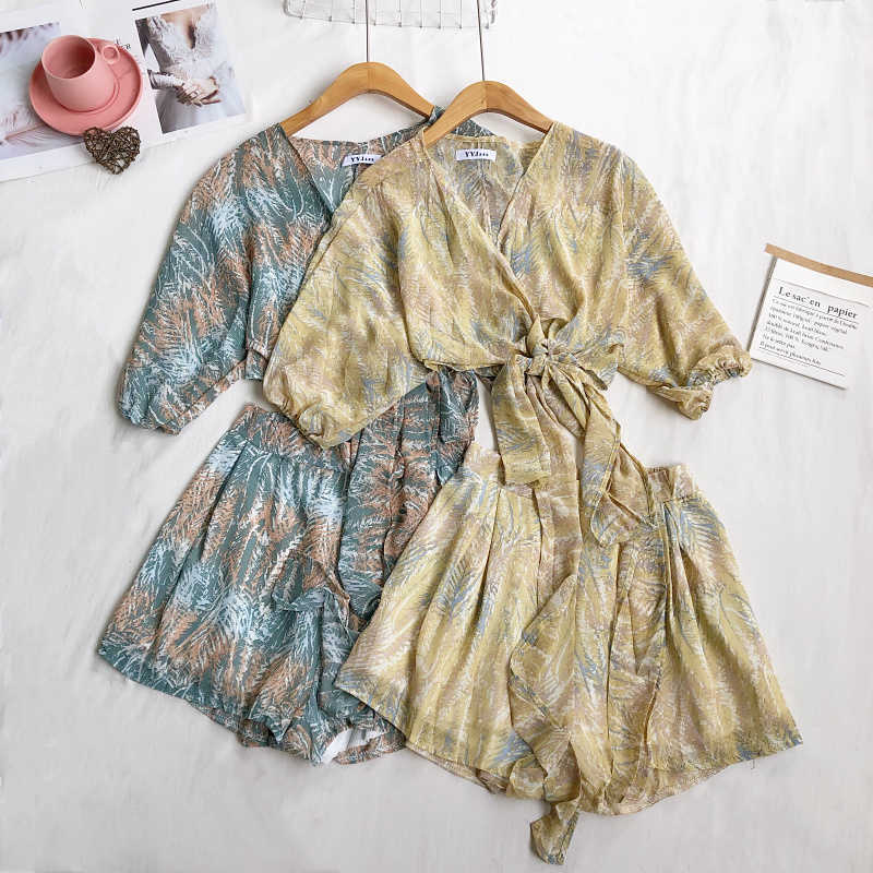 LY VAREY LIN Summer Women Bohemian Vintage Two Piece Set V-neck Lace-up Chiffon Shirt+High Waist Wide Leg Shorts Suit 210526