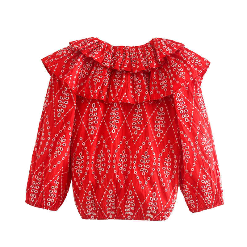 Summer Women's Dress Sexy V-neck Bubble Sleeve Blouse Retro Heavy Embroidery Shirt with Flurried Trim Female 210507