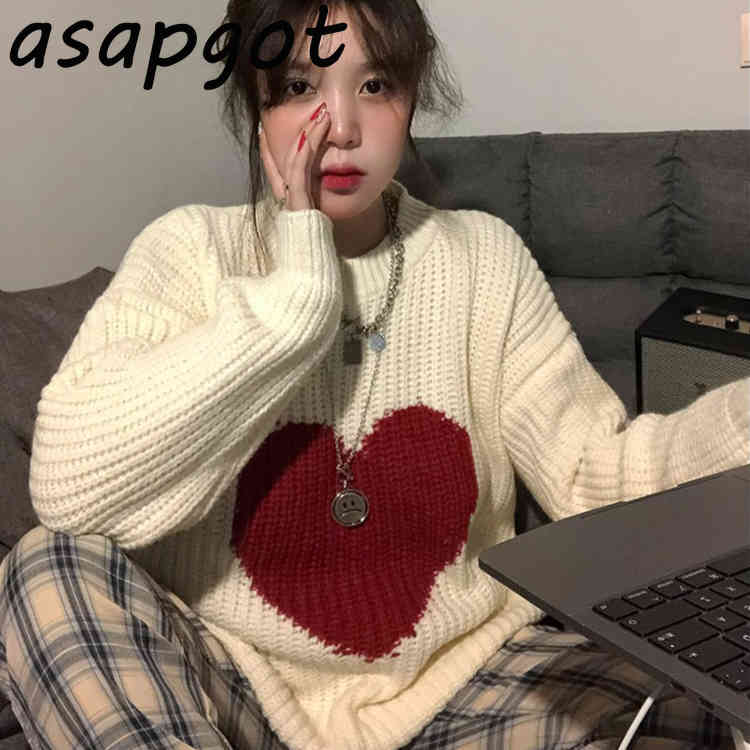 Sweaters&Jumpers Women's Clothing Chic Fashion Sweet O Neck Long Sleeve Love Heart Print Pullovers Sweater Casual Pull Femme 210429