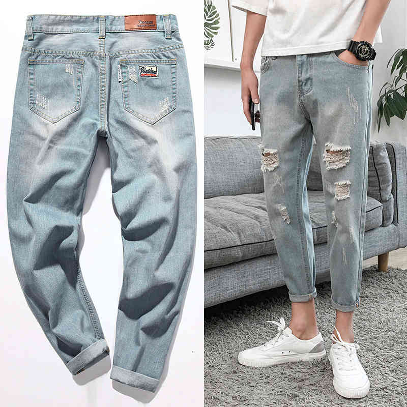 Men's Jeans High quality Summer light blue Distressed Ripped hole jeans men pants beggar denim Bae Casual teenager Ankle length BQ, Sky blue
Men's Jeans High quality Summer light blue Distressed Ripped hole jeans men pants beggar denim Bae Casual teenager Ankle length BQ, Sky blue