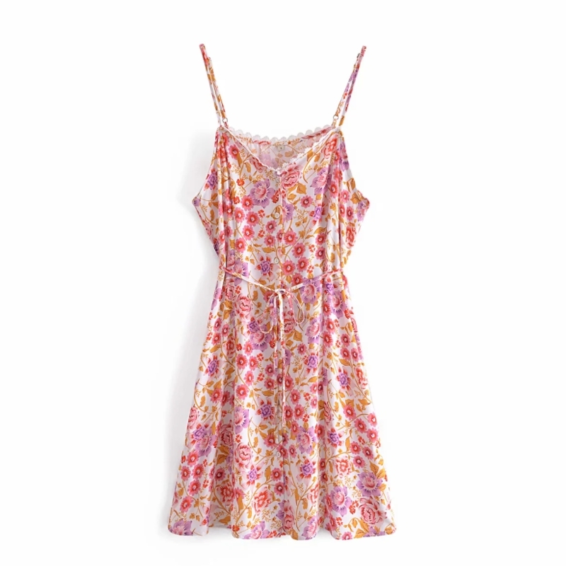 Women Floral Print Suspender Mini Dress Female Single Breasted Clothes Casual Lady Loose Vestido D7528 210430