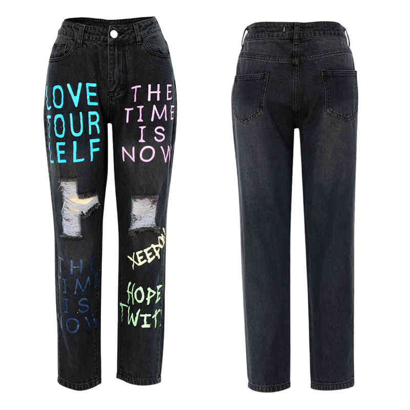 Autumn Winter Jeans Woman Letter Graffiti Offset Printing Distressed Denim Pants For Ladies Tight High-waist Nine Bottoming Jean 201030