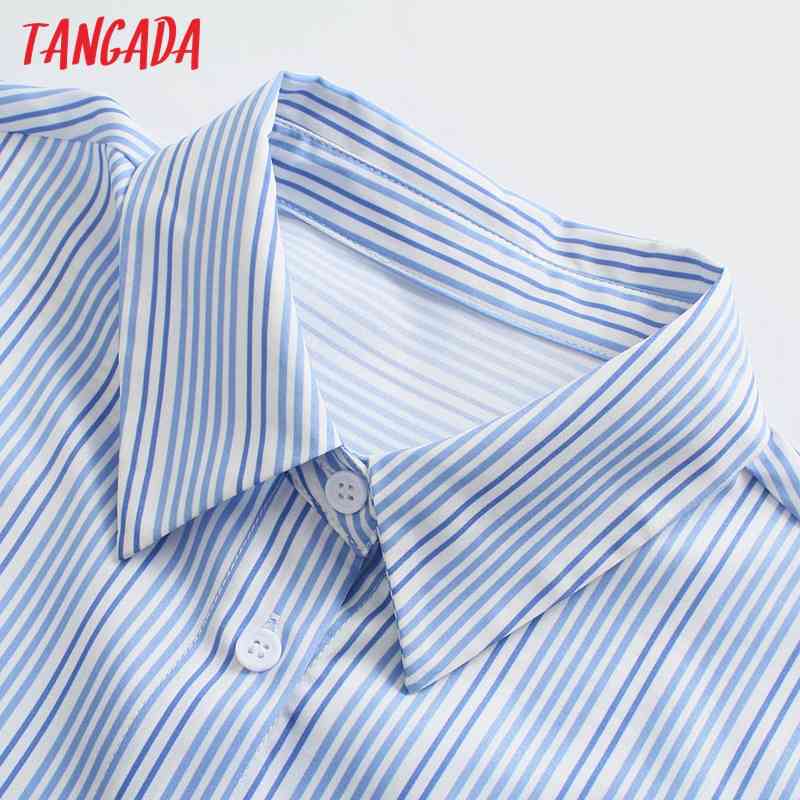 Fashion Women Blue Striped Print Shirt Long Sleeve Ladies Oversized Midi Dress 5Z97 210416