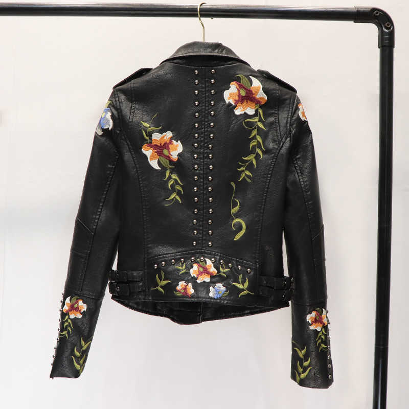 LY VAREY LIN Spring Women Floral Print Embroidery Faux Leather Jacket Turn-down Collar Pu Motorcycle Black Punk Outerwear 210526