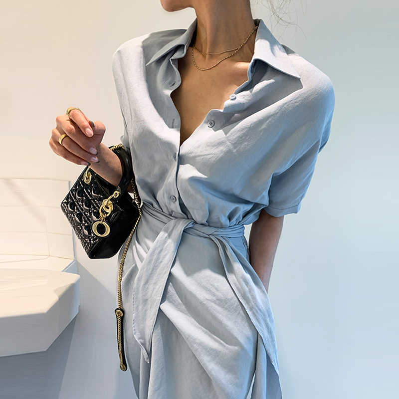 Korejpaa Women Dress Summer Korean Fashion Elegant Commute Solid Lapel Single-breasted Irregularly Tied Loose Shirt Dresses 210526