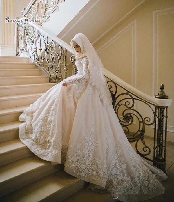 Muslim Wedding Dresses Bridal Ball Gown D Floral Applique Lace Beaded Long Sleeves Sweep Train Custom Made Plus Size Castle Arabic Dubai Vestido De No