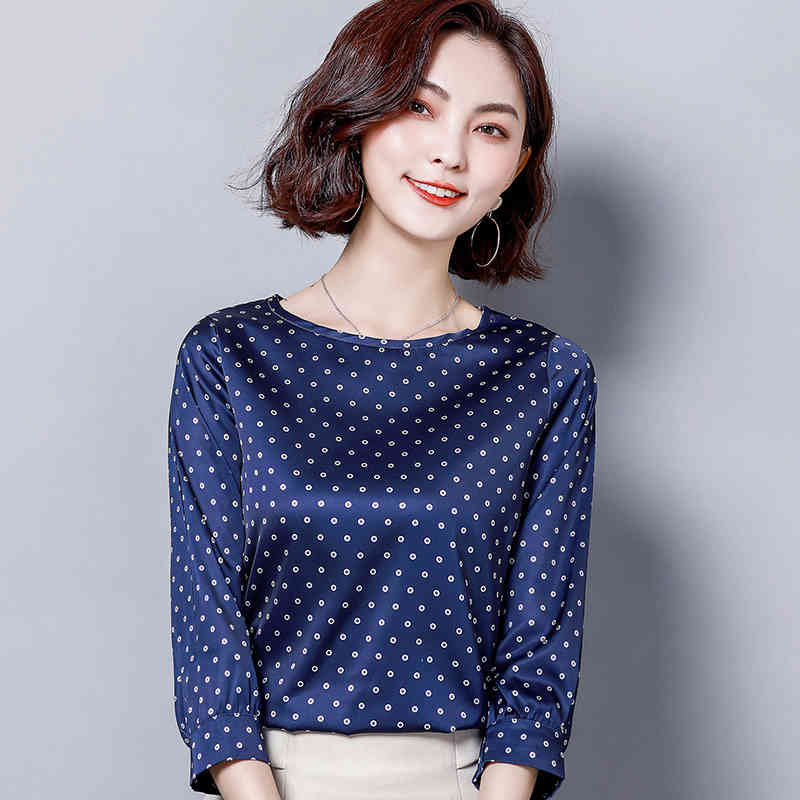 Summer Short Sleeve Loose Tops Blusas O Neck Silk Shirt Casual Polka Dot Plus Size Women Blouse 9059 50 210415