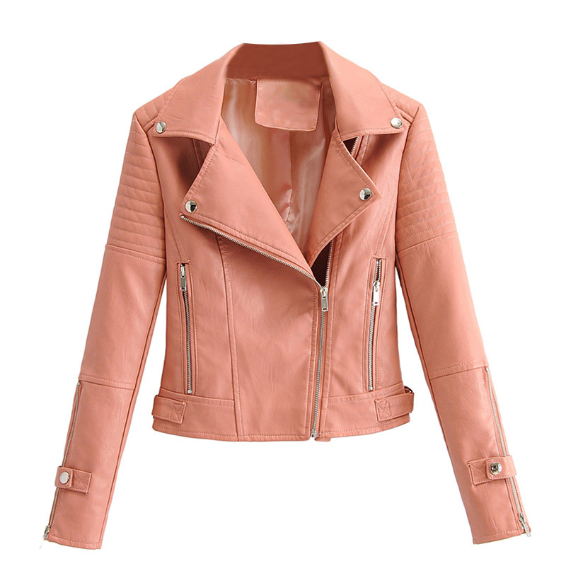 Women Fashion Solid Motorcyle Jacket Faux Leather Long Sleeve Coat Turn Down Collar Streetwear Zipper Jackets 210414