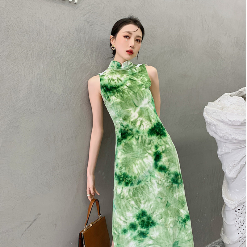 Women Velvet Cheongsam Slim Sleeveless Turtleneck Green Color Retro Fit Lady Fashion Summer 2H106 210526
