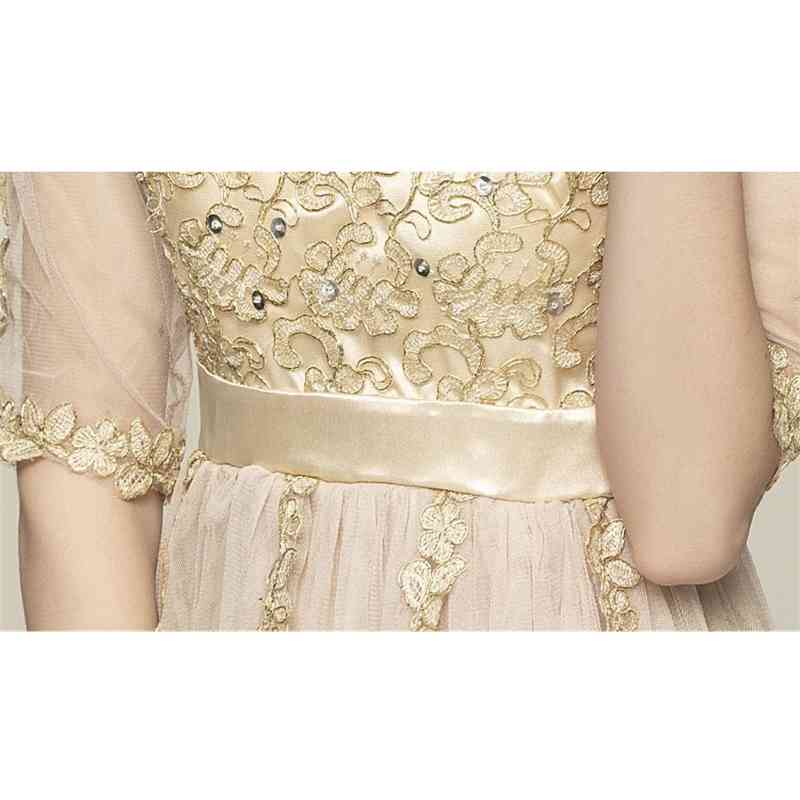 vintage retro high quality mesh embroideried v-neck maxi dress for party casual qaist half sleeve appliques vestidos 210421