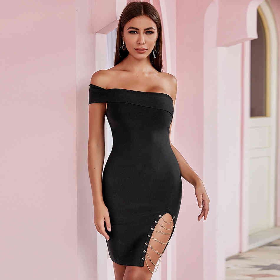 Summer One Shoulder Women Bodycon Bandage Dress Sexy Sleeveless Strapless Black Mini Celebrity Runway Party Club 210423