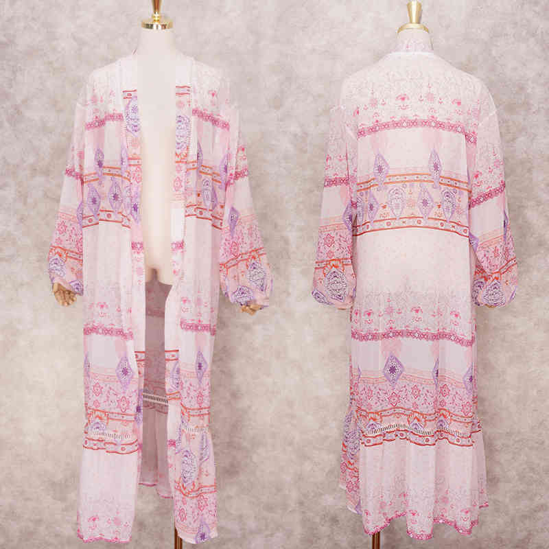 Pink Bikini Cover-ups Boho Floral Print Long Kimono Dress Plus Size Women Summer Beach Wear Swim Suit Cover Up A771 210420