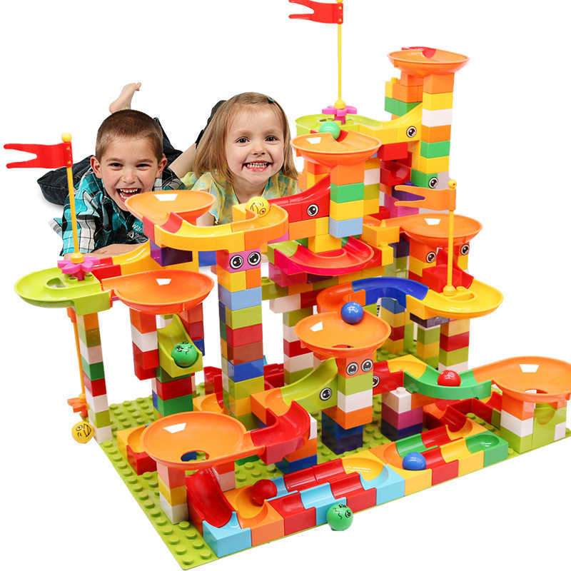 74-296 PCS Marble Race Run Block Compatible Duploed Building Blocks Funnel Slide Blocks DIY Bricks Toys For Children 210607