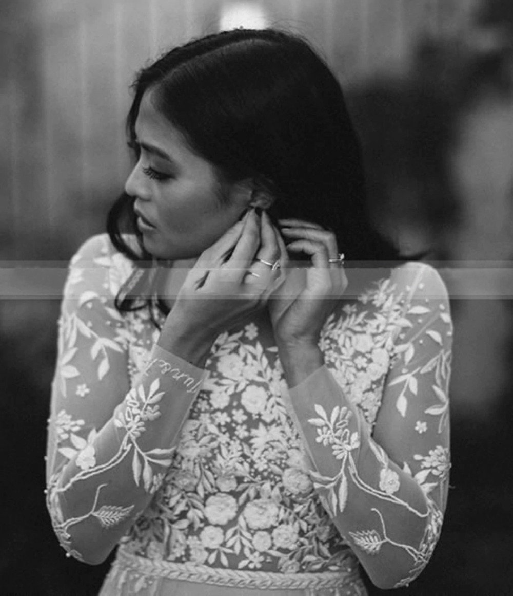 High Neck A-Line Tulle Boho Beach Wedding Dresses Modest Illusion Long Sleeve Romantic Floral Appliques 2021 Vestidos De Novia