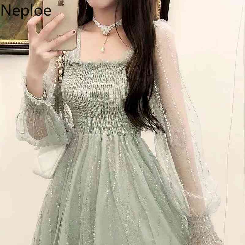 Neploe Summer Elegant Dress Women Sequin Spotted Sweet Princess Gauze Vintage Midi Vestidos Female Pleated Slim Holiday Dresses 210422