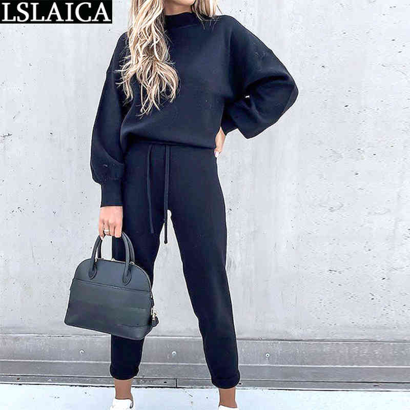 Tracksuit Women 2 Piece Set Casual Drawstring Pants & loose Long Sleeve Tops Sets Lounge Wear Autumn Joggers Suit Womens Outfits 210520