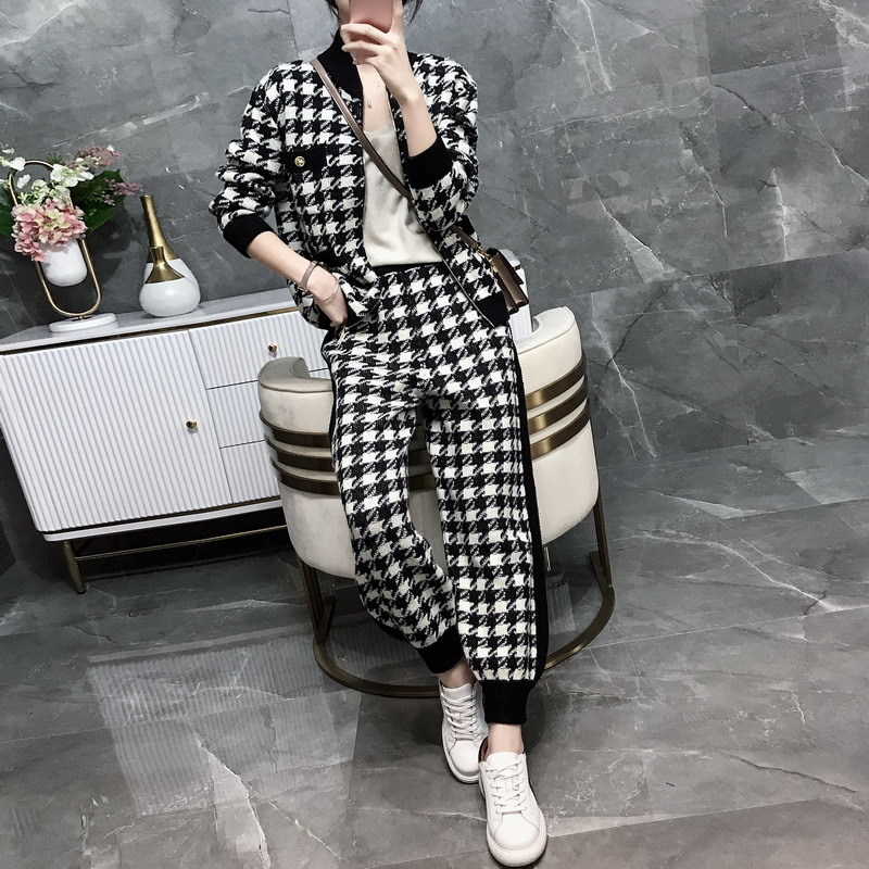 Women Fall Knit Sweatshirts Suit Knitted Tracksuit Houndstooth Black 2 Piece Set Zipper Plaid Cardigan Coats Pants Two 210506