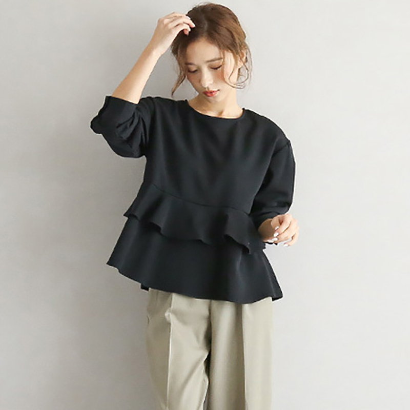 Patchwork Ruffles Pullover Blouse Women's Summer Round Neck Back Button Long Sleeve Shirt Female Tide 5E228 210427