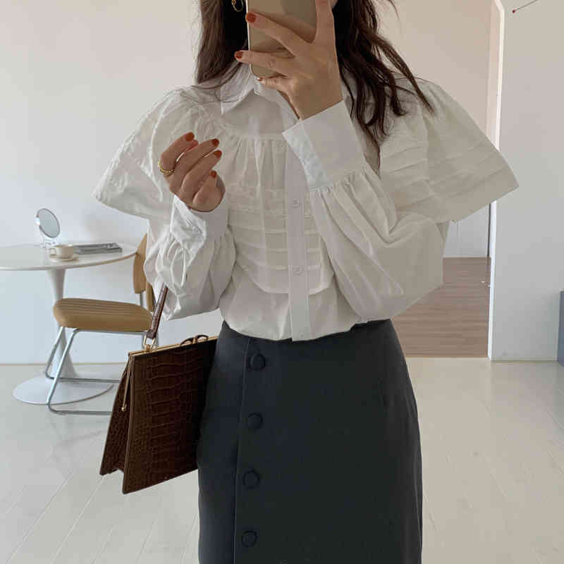 Ruffles Female Streetwear Stylish Chic Korean White Vintage Brief Solid All Match Retro Office Lady Shirts 210421