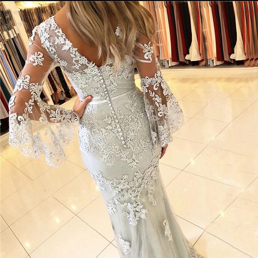 2021 Silver Lace Mermaid Prom Dresses V Neck Appliques Illusion Long Sleeves Sexy Backless Formal Dress Evening Gowns