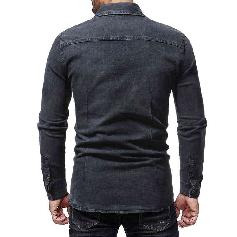 TANG Black Denim Shirt Men Casual Fit Slim Long Sleeve Shirts Autumn Cotton Jeans Dress Shirt Mens Clothing Plue Size 210410
