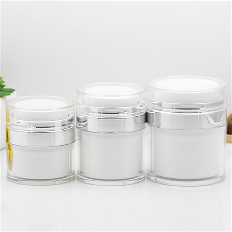 15 30 50 G ML bottles Pearl White Acrylic 0.5oz Airless Round Vacuum Lotion Cream Jar Cosmetic Press Plastic Refillable Air Pump Makeup Container For 