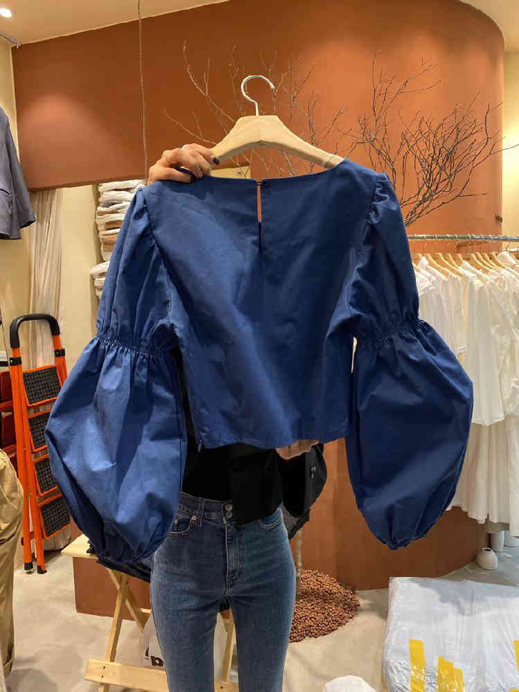 Nomikuma New Square Collar Women Blouse Puff Long Sleeve Korean Short Shirts Autumn Fashion Solid Blusas Feminimos 6C508 210427